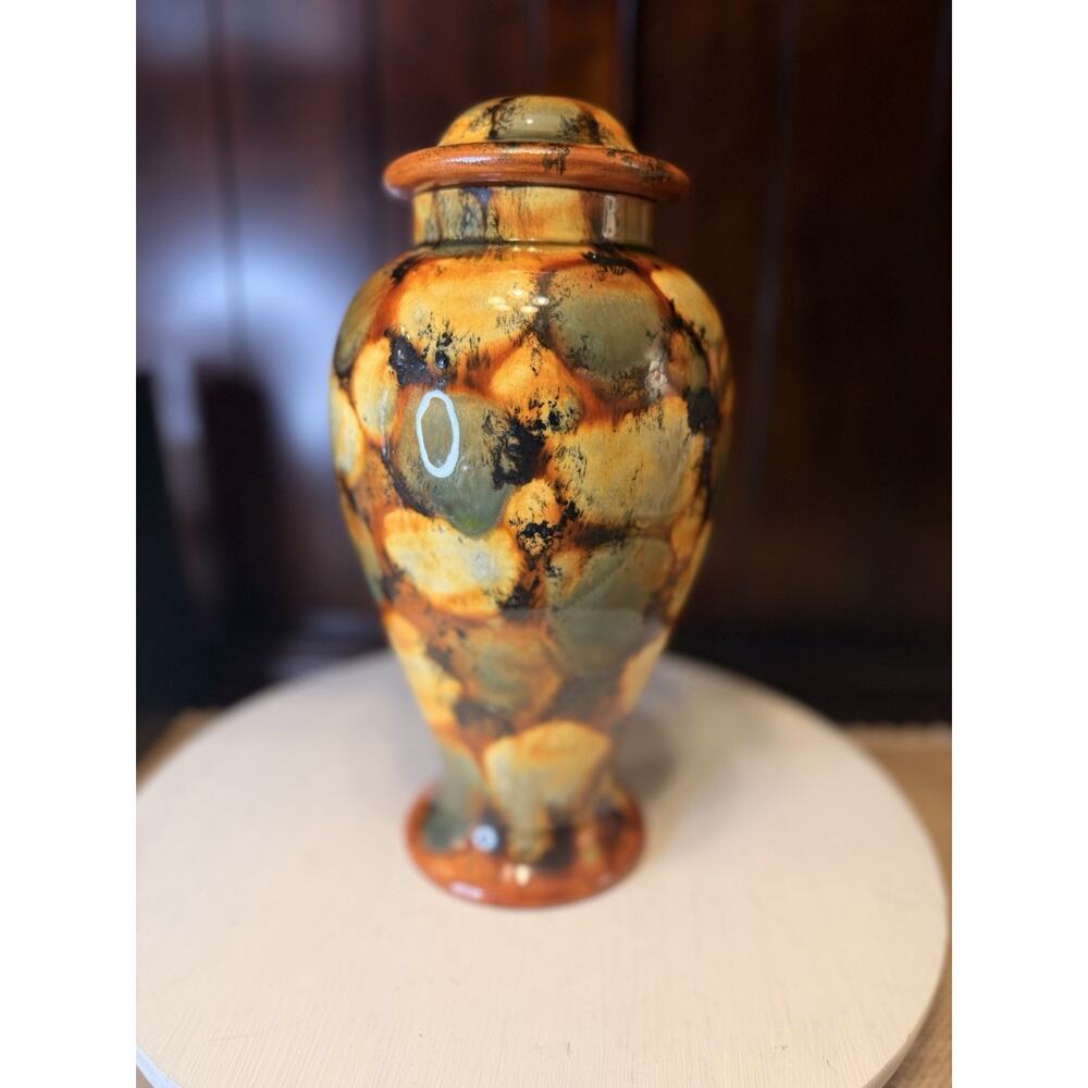 MCM Arnel’s Ceramic Lidded Urn Canister Jar Drip Glaze Signed Elsie Eilang
